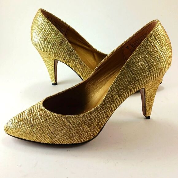 Pierre Dumas Designer Collection 3" Stiletto Point Toe Womans 7.5 Metallic Gold. - Picture 7 of 14